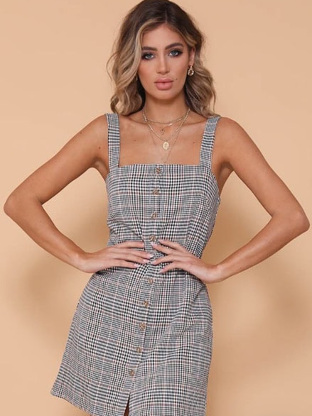 Plaid Button-Front Dress with Square Neck - Picture 2 of 13
